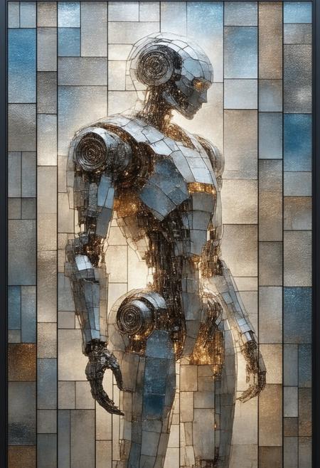 Construct a photorealistic rendering of a colossal, decaying automaton, fractured into stained-glass facets. Multiple perspectives collapse into a single, complex composition, with gears, pipes, and limbs rendered as geometric shards radiating a faint, ethereal glow. The color palette employs deep copper, tarnished silver, and sapphire blue, emphasizing intersecting lines and fragmented forms. Integrate subtle photorealistic details within each glass facetathe texture of aged metal, the glint of internal mechanismsato create a compelling blend of abstract geometry and tangible history, evoking a sense of lost purpose and mechanical melancholy.