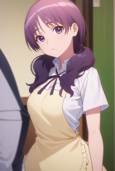 shiho kamakura, long hair, twintails, purple hair, (purple eyes:1.1), apron, waitress,