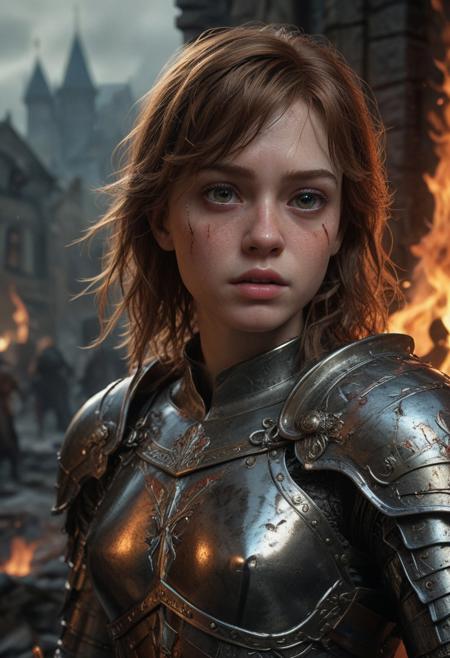 High resolution ultra-realistic of Beautiful Warrior Joan of Arc, 8k, capturing the intensity of the moment, cinematic lighting, standing on a bloody and stormy battlefield in bloody battle, wavy black hair, realistic dirty pale face, realistic brown eyes,  beautiful hourglass figure, burning in a medieval Town, intricately designed iron and silver armor, Dark Ages Aesthetic, perfect athletic figure, beautiful Sadie Sink as  Warrior Joan of Arc, fire, ultra realistic, cinematic style, vigorous and seductive, athletic figure, dark fantasy, dramatic lighting, wet and sweaty skin, dirty skin, athletic figure, dark fantasy, dramatic lighting, Greg Rutkowski style,, Warrior Joan of Arc on in iron armor, hyper-detailed, hyper-realistic, bright colours, Attractive 21 old years girl, Attractive, beautiful firm Breasts, sharp focus, digital painting, Photograph Taken on Nikon D750, Alphonse Mucha, 8K, athletic figure, Hyperdetailed, hyperrealism, Attractive, Attractive bust girl, asymmetric balance