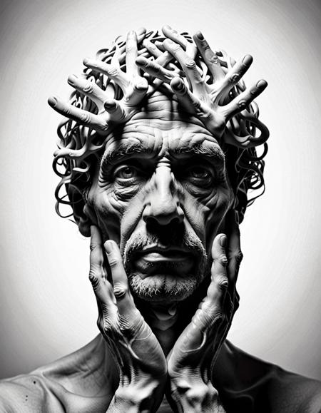 Surreal portrait, human head composed of numerous entwined fingers, rich textures evoking depth, shadowy ambiance highlighting contours, grayscale palette imbuing eerie, mysterious aura, bold "MASTERMIND" caption in stark white, font resonates with stark, enigmatic mood, visual metaphor for complexity, psychological depth, possibly hinting at introspection, intellect, creative thoughts, image strikingly contrasts organic forms with a somber, almost monolithic presence, lighting accentuates finger details, creates an interplay of light and shadow, seamless merging of fingers into head and shoulders suggest unity, an artistic blend of human anatomy with abstract concepts, alluding to themes of identity, mental processes