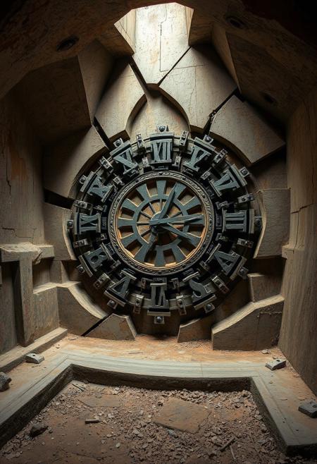 fractured geometry in the bunker walls, raw, (polished:-1.3),clock, (smooth surfaces:-1.4), infinite geometry in mechanical structures, soft yet angular forms, (noisy:-1.1), (blurry:-1.2), sculptural appearance, dystopian vibe, fragmented beams, photorealism, weathered textures, rigid structure, (disjointed anatomy:-1.3), (low quality:-1.2), intersecting planes of concrete and metal, brutalist geometry, unsettling, exaggerated forms, vibrant oil pastel colors, multichromatic oxides, recursive shapes in clock gears, (ugly:-1.3), saturated hues of corroded metal, interlocking geometric patterns, primal aesthetic, weathered concrete walls, flowing yet sharp brutal edges, (cartoonish:-1.1), underground bunker, deep earthy tones, high resolution, stark industrial lighting, surfaces, colorful oxides, patina, (overly ornate:-1.5), (bad composition:-1.3)