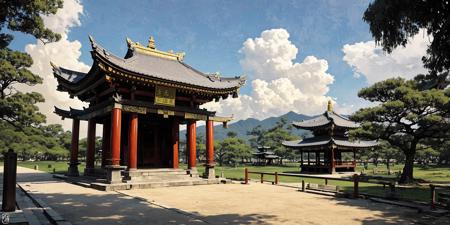 DMD,scene,no humans,scenery,east asian architecture,outdoors,architecture,tree,sky,day,cloud,watermark,shrine,yellow tone,