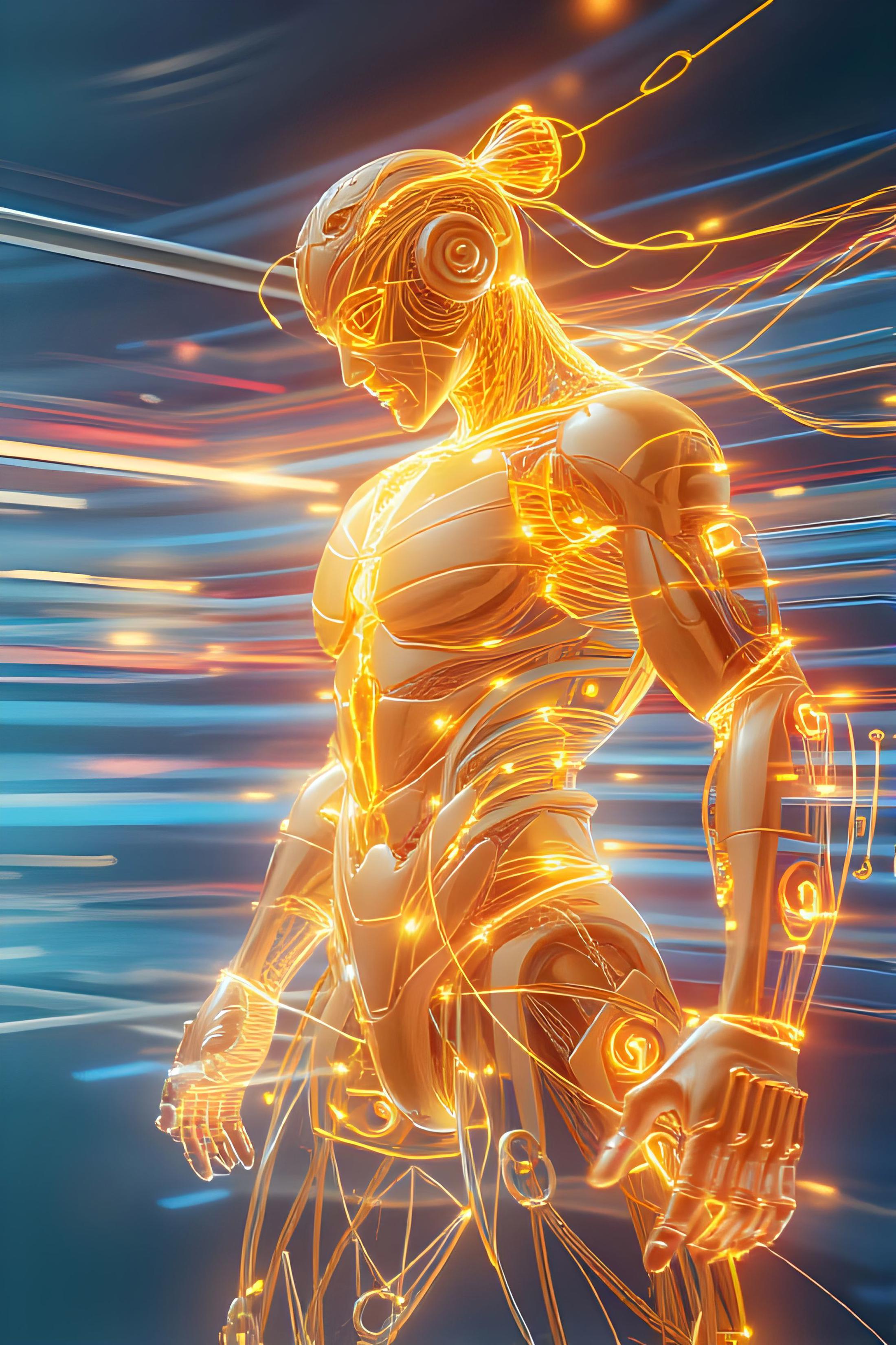 wire sculpture, Long exposure photo, Blurred motion, streaks of light, surreal, dreamy, ghosting effect, highly detailed,, Luminism, diarylide yellow and vermilion tune,,1 perfect handsome male, as a cyber mercenary,dynamic pose, dynamic angle, detailed background,,
