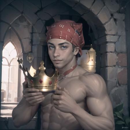 Highly detailed, High Quality, Masterpiece, beautiful, 1boy, solo, YouDroppedThisKingMeme, <lora:YouDroppedThisKingMeme:0.7>, cown, holding, holding crown, Ricardo, red bandana on the head, <lora:Char_Sigmas_RicardoMilos:0.9>