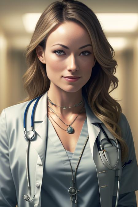 photo of  oliviawilde-5400, a woman as a doctor, modelshoot style, (extremely detailed CG unity 8k wallpaper), Intricate, High Detail, Sharp focus, smiling, photorealistic painting art by midjourney and greg rutkowski , (waist chain), ((hospital)), ((walking down the hallway)),  (looking at viewer), (detailed pupils:1.2), (doctor lab coat:1.2) brightly lit,