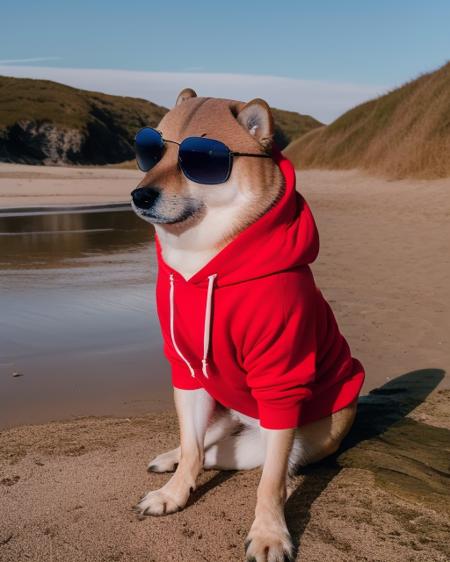 <lora:Cheems_50_2-000001:.95> fine art portrait of cheems at a private beach wearing sunglasses and a red hoodie, centred composition, cinematic lighting, sunny day, happy vibes