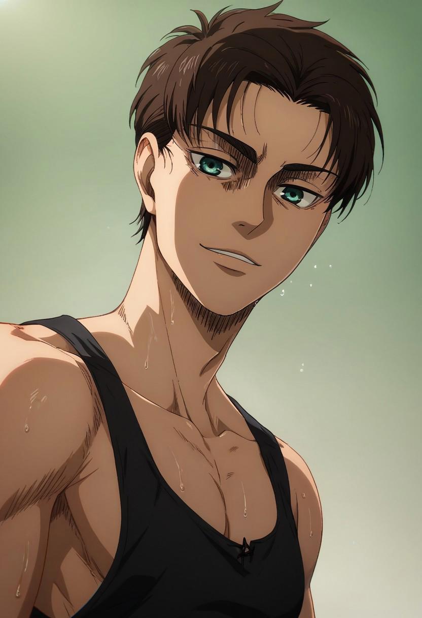 score_9, score_8_up, score_7_up, score_6_up, score_5_up, score_4_up, BREAK, official style, high quality, 4k, solo, male
(eren_yeager_s4, brown hair, teal eyes, very short hair, seductive, smirk, black tanktop, looking at viewer, upper body, wet body), low angle view