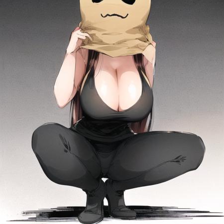 masterpiece, best quality, best shadow, e(bag_over_head:1.3), 1girl, cute, <lora:bag_over_head:1.2>, large breasts, cleavage, yoga pants, full_body, paper bag on head, eyeholes