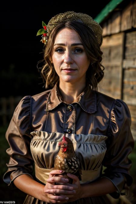 <lora:Suranne_Jones:1> masterpiece, best quality, detailed face, a mature s1873j, 1girl, solo, funny costume ,  hen house , dusk