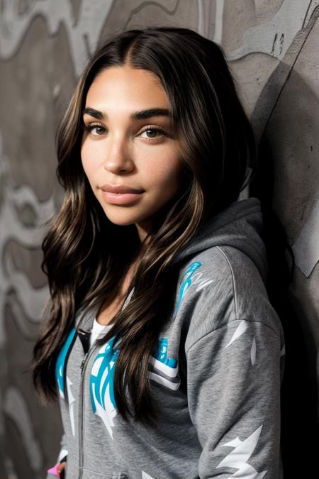 chantel_jeffries wearing grey hoodie, long brown hair, hazel eyes, 
upper body, portrait, wall background, 
 <lora:Chantel_Jeffries_V1.2:0.8>