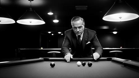 cinematic photo Very Beautiful old-fashioned Old Black and White Photograph of a man playing pool in a suit with background a pool hall, cinematic highly detailed . 35mm photograph, film, bokeh, professional, 4k, highly detailed
