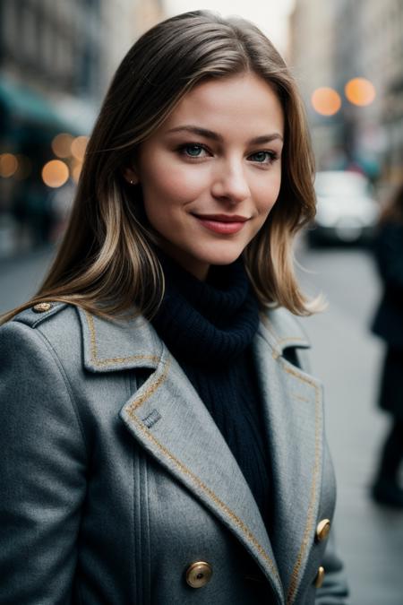 photo of (tabbethell-140:0.99), a beautiful woman, perfect blonde hair, (smiling), (modern photo, Chrome Wool-blend pea coat in a classic navy or black color with gold buttons), 24mm, (analog, cinematic, film grain:1.3), (ocean:1.2), detailed eyes, (seductive pose), (epicPhoto), (looking at viewer), jewelry, (cinematic shot:1.3), PA7_Portrait-MCU