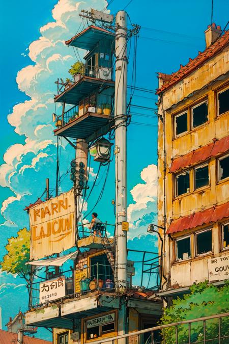 outdoors, sky, cloud, day, black hair, scenery, shirt, tree, blue sky, building, sign, 1girl, shorts, 1boy, power lines, white shirt, house, english text, railing, long hair, wide shot, short sleeves, utility pole <lora:airconditioner:1>