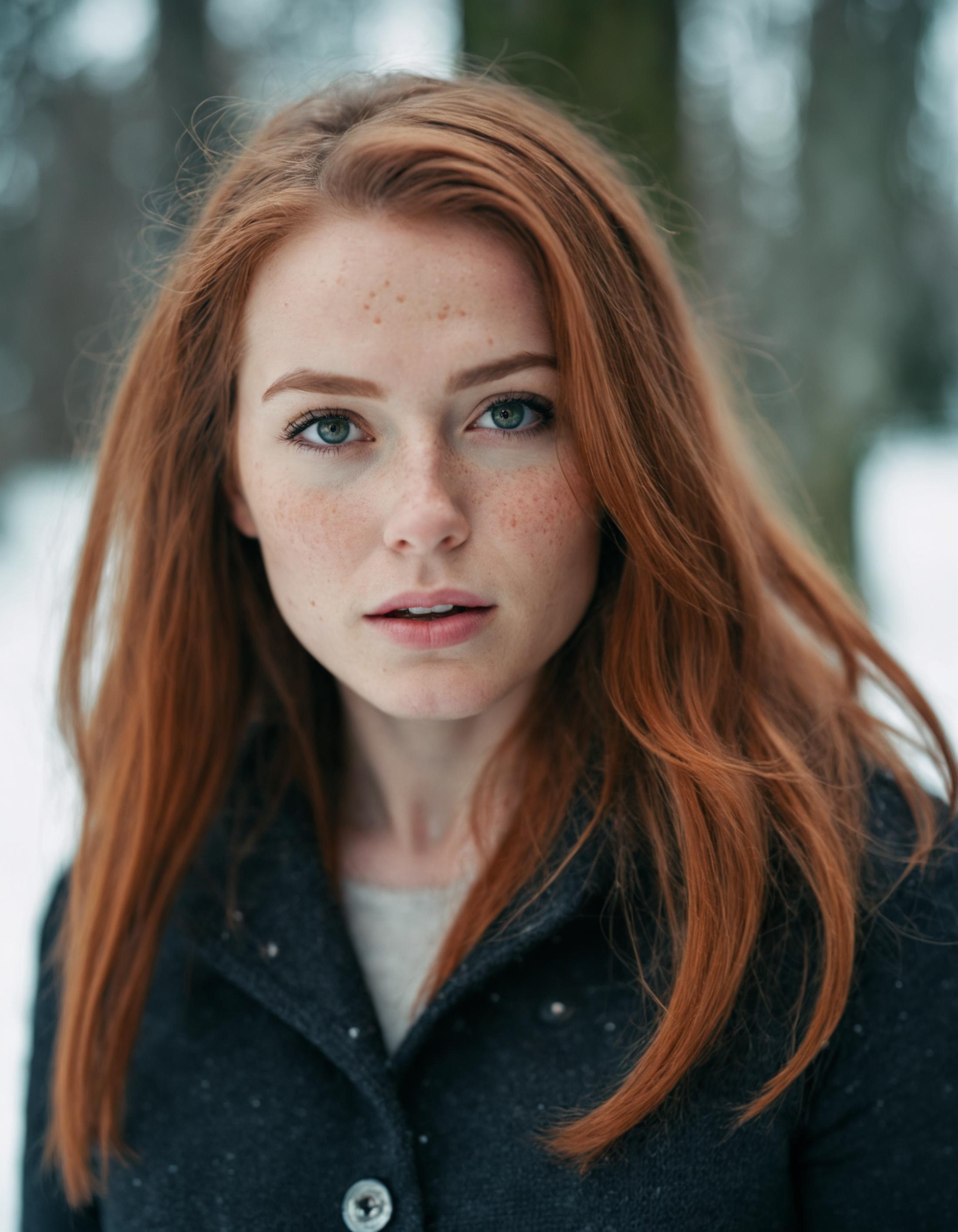 A close-up of a beautiful red-haired woman with freckles, wearing a black coat and looking into the camera.