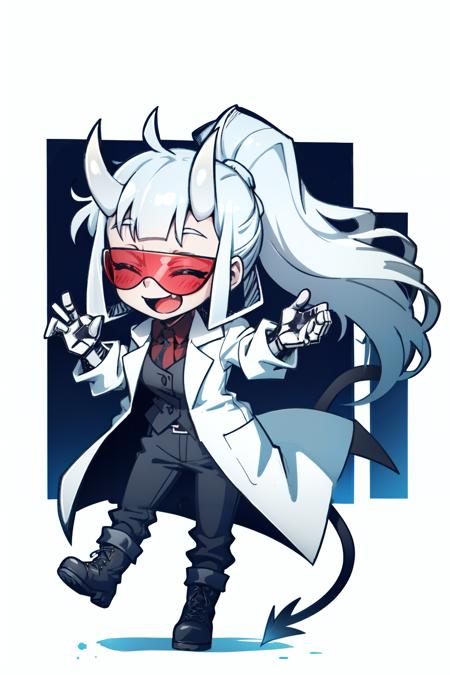 <lora:loremaster:1>loremaster(helltaker), black footwear, full body, white hair, long sleeves, sidelocks, simple background, demon tail, red-tinted eyewear, chibi, tinted eyewear,  horns, demon girl, closed eyes, goggles, smile, teeth, happy, coat, demon horns, white coat, open mouth, pants, 1girl, labcoat, solo, ponytail, tail, boots