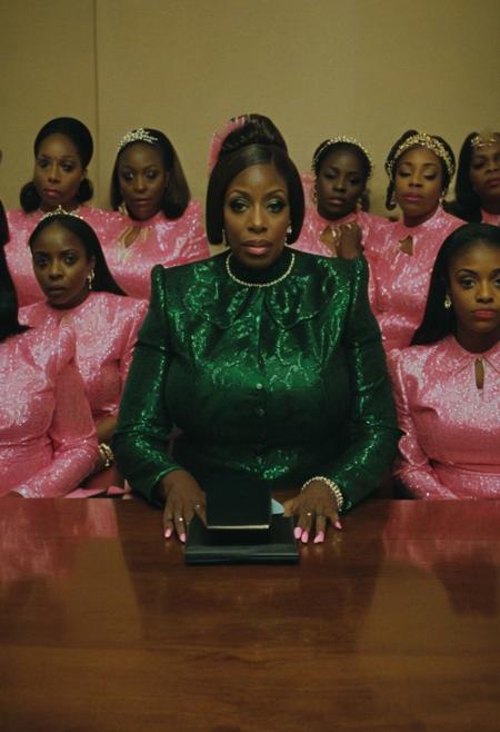 ()Hyoer Realistic:2.0)Polaroid picture of 
a hyper realistic Movie Still of elderly (40 years old ((busty)) (((african american))) women) 
 of a group of stern, suited College Board of Trustees seated around a polished wooden table, their eyes glazing over as they fall under the hypnotic spell of a circle of Alpha Kappa Alpha Sorority Sisters.
The  (elderly 40 year old busty african american sorority sisters, resplendent in their pink and green attire:1.85) , gaze intensely at the trustees, their hands weaving intricate patterns in the air as they chant in unison. The trustees' faces slacken, their pupils dilating as they succumb to the sisters' mesmerizing power.
In the background, a giant budget spreadsheet displays a rapidly increasing total, the numbers spinning wildly out of control as the trustees, now completely entranced, nod in unison to allocate infinite funds to the Greek Life budget. (Capture the surreal, humorous moment of sororal mind control:1.80)