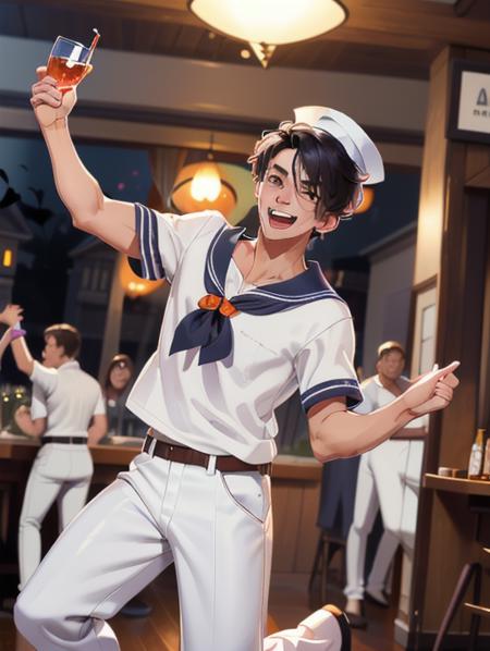 best quality, masterpiece, highres, detailed, digital artwork, <lora:Detail - add_detail:0.2>, SailorCh,  <lyco:Change - SailorCh:0.8>, white shirt, white pants, 1man, halloween party, having fun, dancing, drinking, multiple people,