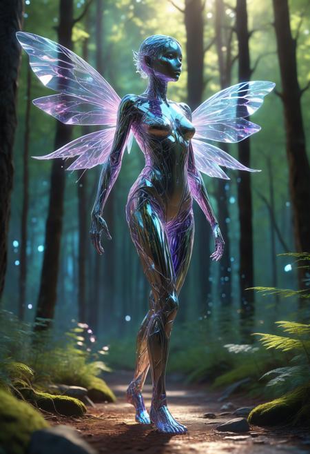 UHD, 4k, ultra detailed, cinematic, a photograph of Volumetric Lighting, full length picture of a fairy, crystalline humanoid, walking through a forest, longer limbs, light shining through it, see though crystal body, brightly colored reflections, iridescent, light depth, dramatic atmospheric lighting, volumetric lighting, epic, beautiful lighting, inpsiring