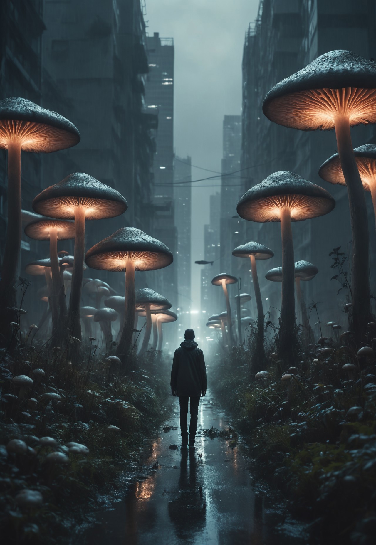 dark futuristic cityscape overgrown with giant glowing mushrooms, dark human Silhouette at the vanishing point, gloomy atmosphere, creepy atmosphere, interstellar, panorama shot, rainy, desaturated, dramatic lighting, desaturated background, bokeh, dark theme, soothing tones, depth of field, dramatic backlighting, film grain, Surreal Harmony