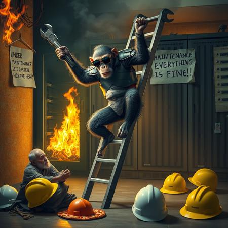 realistic, realism, surreal, monkey wearing sunglasses in armor holding a wrench, breakdancing up side down on a step ladder, in front of burning server machine, server is on fire. there are hard hats and pizzas on the floor, an old shaolin monk is praying on the floor. a paper sign on the ladder say "UNDER MAINTENANCE\nEVERYTHING IS FINE"