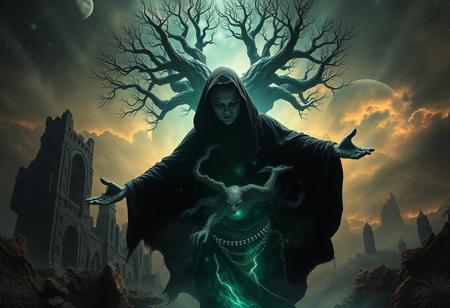A universe inside a dark cloaked figure within mysterious landscape in an unfathomable realm of fantastic creation inhabited by ancient shadows of a forgotten time beyond the gate of the gateless gate where life is limitless, light is shadow and shadow is light, eerie sense, horror, spark of the beginning, existence and nonexistence at once, ethereal, outstretched arms, behold the end of the beginning, inglorious glory to the dark one, betrayal of the ancient order, beware the 7headed beast, destroyer of the old ways, bearer of the unbearable, nightmarish, archaic runes, tree aging backwards, breath of the gods, ruins of a place unimagined, extreme intricate detail, photorealistic, beyond epic scene, fate discarded, unseeable face of god, the end is the beginning, the beginning is the end, man arises as god dies, as above so below, as below so above, emerald tablet, thoth, guardian and saboteur of existence, hopeless hope, ghosts of the unborn, conception of the inconceivable, cosmic well of imperceptible perception, evil aura, infinite emptiness, pillars of void, overwhelming subtlety, abstract sacred geometry, beams of readiness without intention