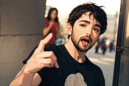 <lora:Alex_Brightman:.7> Alex Brightman, ((masterpiece)),1boy, shirt, male focus, facial hair, black shirt, brown eyes, open mouth, tongue, beard, \n/, solo, black hair, \m/, looking at viewer, upper body, tongue out, middle finger, t-shirt, short sleeves, hands up, arm hair, parody, short hair, photo background, stubble, black eyes, rule of thirds, best light and shadow, (beautiful detailed eyes), (extremely detailed),((best quality)), rim lighting,