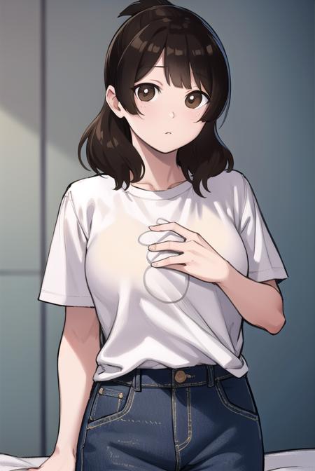 yuiashiro, <lora:yui ashiro-lora-nochekaiser:1>,
yui ashiro, bangs, blunt bangs, brown hair, (brown eyes:1.7), medium hair, ponytail,
BREAK shirt, pants, t-shirt, (white shirt:1.5),
BREAK indoors, bed,
BREAK looking at viewer, (cowboy shot:1.5),
BREAK <lyco:GoodHands-beta2:1>, (masterpiece:1.2), best quality, high resolution, unity 8k wallpaper, (illustration:0.8), (beautiful detailed eyes:1.6), extremely detailed face, perfect lighting, extremely detailed CG, (perfect hands, perfect anatomy),