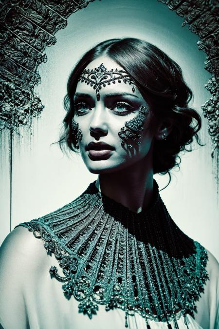 <lora:Laura_Haddock:0.85> horror, in the style of light cyan and dark amber, crisp neo-pop illustrations, graphic, pop-art style, southern gothic, (intricate details, hyperdetailed:1.15) (skin texture:1.2)