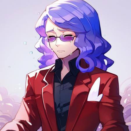 1boy, purple hair, wavy hair, purple eyes Red jacket, black shirt, collared shirt, red pants, formal Glasses