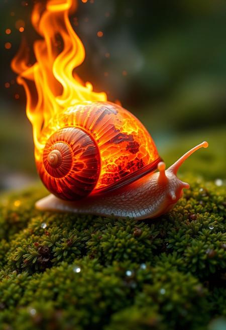 "In a fantastical, dreamlike realm, a majestic snail, its shell a swirling, maelstrom of molten lava and fiery, golden hues, emerged from a sea of velvety, emerald-green moss. The snail's shell, a miniature, volcanic caldera, erupted in a spectacular display of pyrotechnic fury, as if the very essence of the earth's core had been distilled into this tiny, shell-bound furnace. Flames, like delicate, orange-pink tendrils, danced across the shell's surface, as if the snail's own life force was being fueled by the fiery, volcanic energy. The snail's body, a soft, iridescent sheen, glistened like the surface of a still, moonlit lake, as if reflecting the fiery, kaleidoscopic colors of its shell. As the volcano erupted, a shower of glittering, crystalline sparks rained down, casting a magical, ethereal glow over the surrounding landscape, as if the snail's very presence had awakened a dormant, geological wonderland."