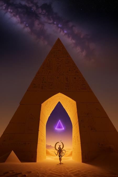 isolated pyramid rising from endless golden dunes, half-buried entrance with snake-headed statues guarding the doorway, twilight sky glowing orange and purple, stars beginning to emerge, sand swirling in the wind, divine energy in the air, atmospheric silence, epic fantasy Egypt setting, realistic lighting and depth