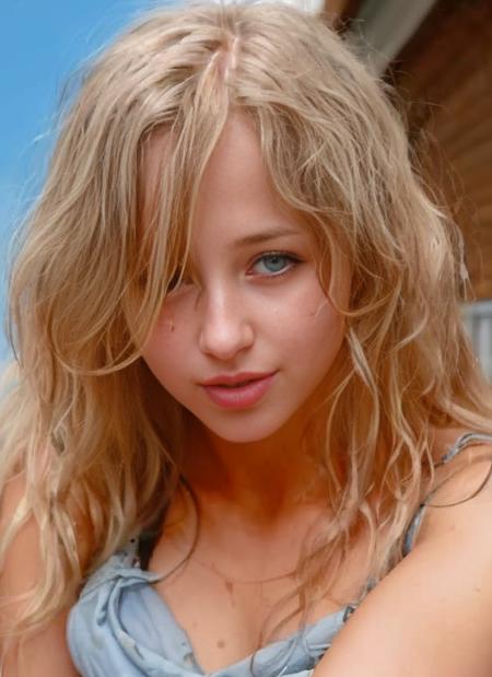 a woman with a messy hair and blue eyes posing for a picture with a camera in her hand and a blue background, Elina Karimova, blonde hair, a photorealistic painting, photorealism  <lora:TKasia_V1.1:0.65>