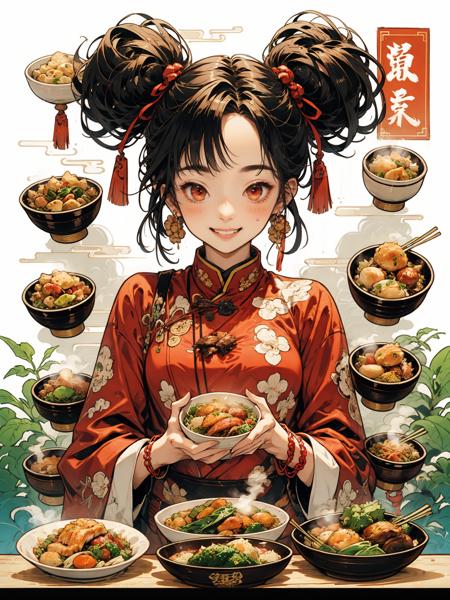 HEZI, 1girl, chopsticks, food, smile, solo, jewelry, earrings, bowl, double bun, looking at viewer, long sleeves, black hair, bangs, hair bun, noodles, holding, blush, chinese clothes, dumpling, upper body, grin, holding chopsticks, red eyes, fish, holding bowl, soup, vegetable, ramen, long hair, dress, teeth, steam, meat, brown eyes, wide sleeves, leaf, hair ornament, bracelet, twintails, breasts<lora:åè´§å¥³å­©-000015:0.65>