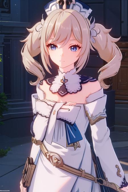 barbara, long hair, bangs, blue eyes, blonde hair, hair between eyes, twintails, sidelocks, drill hair, light brown hair, twin drills, long sleeves, hat, dress, bow, detached sleeves, white dress, detached collar, vision \(genshin impact\),