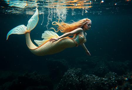 Mystical ethereal siren mermaid swimming deep in the ocean abyss surrounded by elements of gold silver and (iridescent) colors. Beneath her are small diamonds and pearls captivating masterpiece whimsical depth, photography, underwater, hyper realistic, ultra detailed