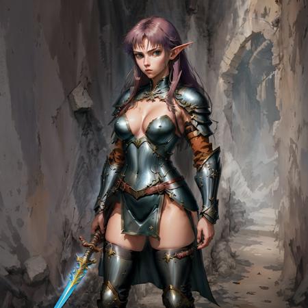 masterpiece, best quality,1girl,   <lora:unstabledreamX:0.7>   a woman in a costume with a sword and a cigarette in her hand, standing with her hands on her hips, 1girl, armor, breasts, cleavage, elf, gradient, gradient_background, grey_background, long_hair, looking_at_viewer, medium_breasts, pointy_ears, red_hair, scabbard, sheath, sheathed, skirt, solo, standing, sword, thighhighs, weapon