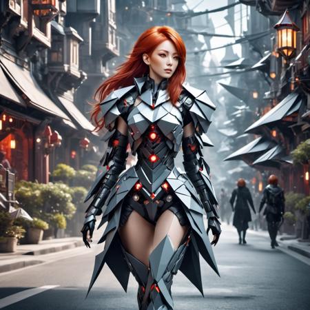 (a beautiful red hair cyborg woman walking down the street in a fantasy world, ), LinkGirl, cyborg style, origami, <lora:EMS-17123-EMS:0.800000>, , <lora:EMS-48994-EMS:0.700000>