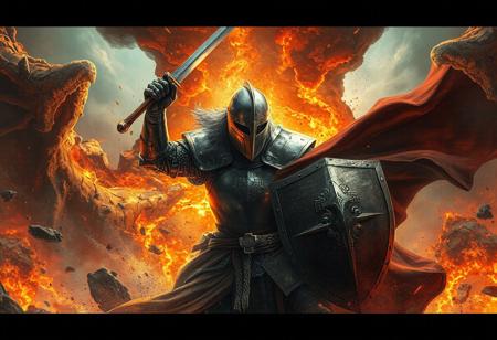 Experience an epic clash between our hero - Lady of the Lake's valiant knight, vividly depicted in exceptional detail, and impending doom embodied by molten destruction! This stunning artwork boasts lifelike details from super detailed armor down to handcrafted clothes; exuding precision & high quality through sharp lines, brush strokes, capturing dynamic actions poses whilst maintaining balanced editing emphasizing intent focus moments set within creative angles amidst well timed lighting effects creating unparalleled visual harmony blending contemporary aesthetical elements into this masterpiece bringing forth beautiful matte painting techniques combined seamlessly using cutting edge technology like octane render or even UE5 resulting not just another illustrative piece rather immersively engaging artworks rivaling those found trending across platforms such cgsocietys',art station hub pages alongside behances curated collections featuring golden ratios perfectly executed throughout each composition element ensuring maximum impact leaving viewers awestricken meshed beautifully via splashes ink stylistic choices culminating joyous emotions convey powerful messages subtly embedded deep beneath these layers rich hues evoking intense feelings further accentuated courtesy intricate eye designs bound make anyone fall deeply enamoured upon first glance making no mistake why they say 'a picture speaks louder than thousand word'.
