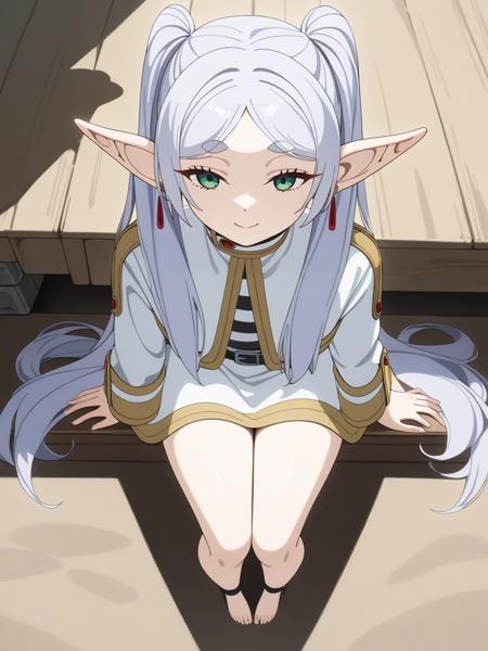 (frieren, pointy ears, elf, earrings, twintails, parted bangs, grey hair, thick eyebrows)