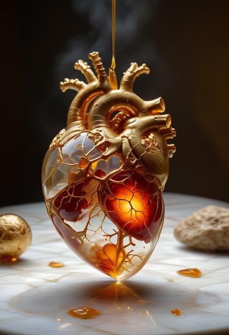 improved cinematic photo, 35mm photograph, film, professional, 4k, highly detailed,
An rubi fragment enclosing a Human Heart,
The rubi fragment is a smooth, slightly irregular sphere, roughly the size of a marble, with a warm golden-brown hue. Its surface is polished, gleaming softly under light, revealing a mesmerizing play of golden, honey, and orange tones. Tiny air bubbles and organic inclusions are scattered throughout, lending it a sense of antiquity and natural complexity.
Inside, a perfectly preserved Human Heart lies suspended in time, its delicate body encased in the translucent rubi.
Around the Human Heart, subtle striations and minute organic fragments, possibly plant material or dust, create a vignette that frames the insect. The rubi’s clarity varies in places, with some sections slightly cloudy, further accentuating the Human Heart as the focal point. The fragment feels timeless, a tiny time capsule offering a glimpse into a prehistoric world millions of years ago