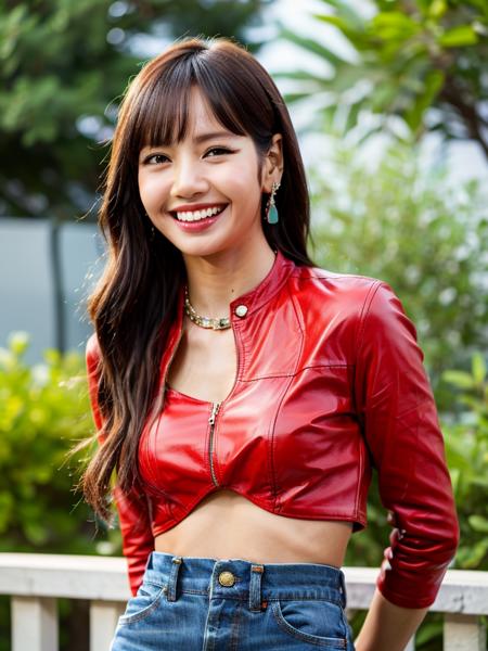 best quality,masterpiece,ultra high res,(photo realistic),(1girl),looking at viewer,india woman,24years,(floral top),(red leather jacket),(denim shorts),high heels, very small hip,light smile,earrings,necklace,bracelet,(long hair),(ultra-detailed human face),(ultra-detailed teeth),calm night street, outdoors,closeup,lisa blackpink, <lora:LisaBlackpinkBRAv2:0.8>