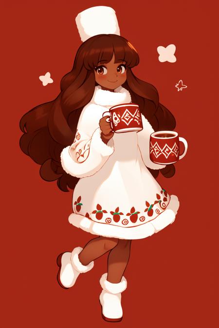 cocoacookie, holding mug of cocoa, smiling, solo, fullbody, detailed background, best quality, masterpiece, high resolution, dark skin, 1girl, absurdres <lora:cocoacookie_v1.2:0.8>