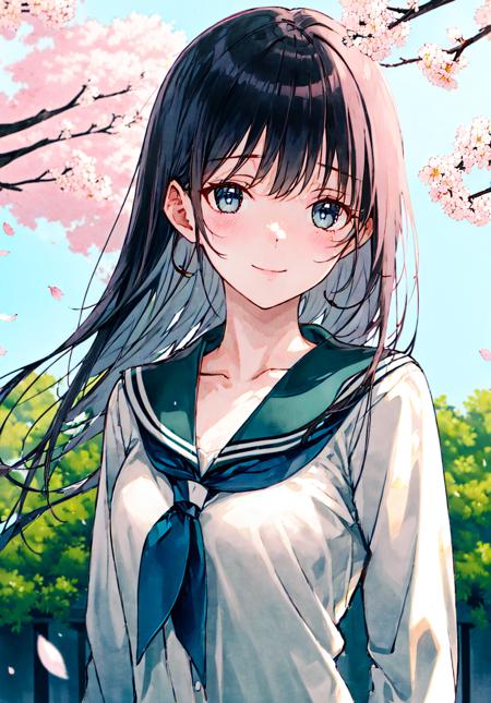 (upper_body:1.5), close-up, cherry_blossoms, outdoors, day, spring_\(season\),
1girl, smile, solo, bangs, blue_eyes, blush, closed_mouth, looking_at_viewer,
long_hair, brown_hair, branch, eyebrows_visible_through_hair, floating_hair,hair_between_eyes,
blue_sailor_collar, serafuku, long_sleeves, neckerchief, pleated skirt,
pink_flower, petals, tree, white_shirt, wind, railing, sky,
<lora:style_Hiten_3.0:1>