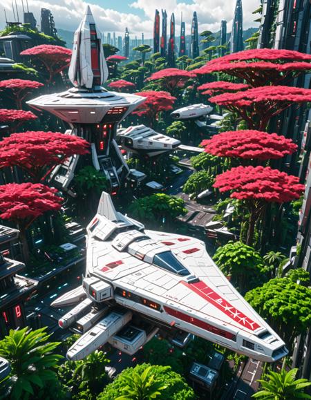 <lora:SW_Minis_7xlc:1> landed angular design white spacecraft in the middle of a forest with huge red trees and rich jungle environment with some lost old cyberpunk structures, cyberpunk cityscape, sunny day, aerial view, from side,