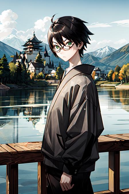 (masterpiece),(best quality),<lora:ItoshikiNozomu:0.7>, Itoshiki, glasses, green eyes,  casual outfit, on a bridge, close, outside, japanese castle far away, lake, persistent stare, mountains, best quality best quality, <lora:Adddetail:0.7>