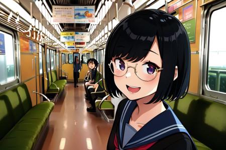 masterpiece, best quality, ultra-detailed, illustration,
Hankyu3000, train interior,
1girl,teenage,glasses, black hair, school uniform, school bag, smile, happy, laughing,