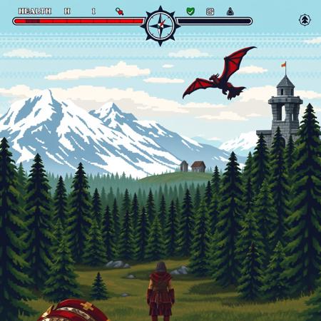 A 16-bit style game screenshot reimagining The Elder Scrolls V: Skyrim as if it were released on the Super Nintendo Entertainment System (SNES). The image should capture the essence of Skyrim's open world and fantasy elements while adhering to the graphical limitations and aesthetic of classic SNES RPGs.
The screen shows a first-person view, typical of Skyrim, but adapted to 16-bit graphics.
The landscape ahead showcases iconic Skyrim elements: Snow-covered mountains in the distance with jagged, pixelated edges. A dense pine forest with simplified, triangular tree shapes. A stone watchtower or Nordic ruin off to one side. A dragon flying in the sky, rendered in a few colors to maintain the SNES limitations.
The color palette should use rich, vibrant colors characteristic of SNES games, with dithering techniques to create the illusion of more colors and shading.
The UI elements should mimic Skyrim's interface but simplified for SNES: A compass bar at the top of the screen with pixelated icons for quest markers. Health, Magicka, and Stamina bars in the bottom-left corner. A small mini-map in the top-right corner showing nearby terrain and points of interest. Current equipped items displayed in the bottom-right.
Include a text box at the bottom of the screen with a typical Skyrim NPC dialogue: 'I used to be an adventurer like you. Then I took an arrow in the knee.'