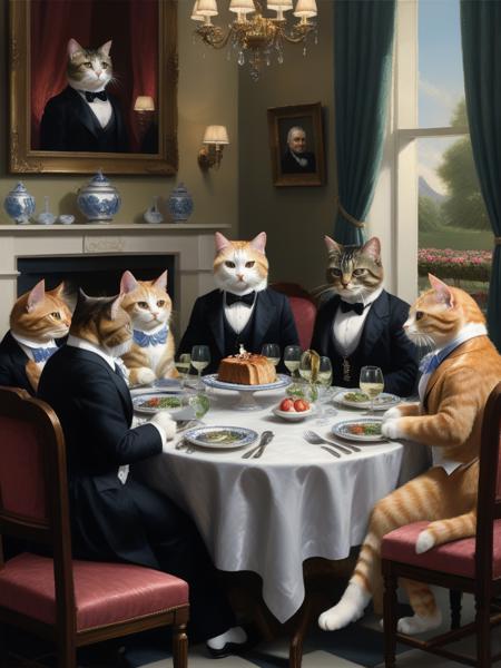 <lora:03realismPainting_Hap_XL:2.6>, realism American art painting oil painting,masterpiece,highly detailed, <lora:add-detail-xl:0.0001> ,<lora:hand 4:0.0001>,  A classic oil painting depicting a group of cats dressed in formal attire, attending a fancy dinner party and discussing the latest catnip gossip.