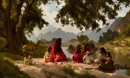 small Pakistani family having a picnic by a river, trees and hills, Bharal goat-antelopes graze nearby, art by laxpeint, romantic blue sky sunny day, Pakistan landscape oil painting