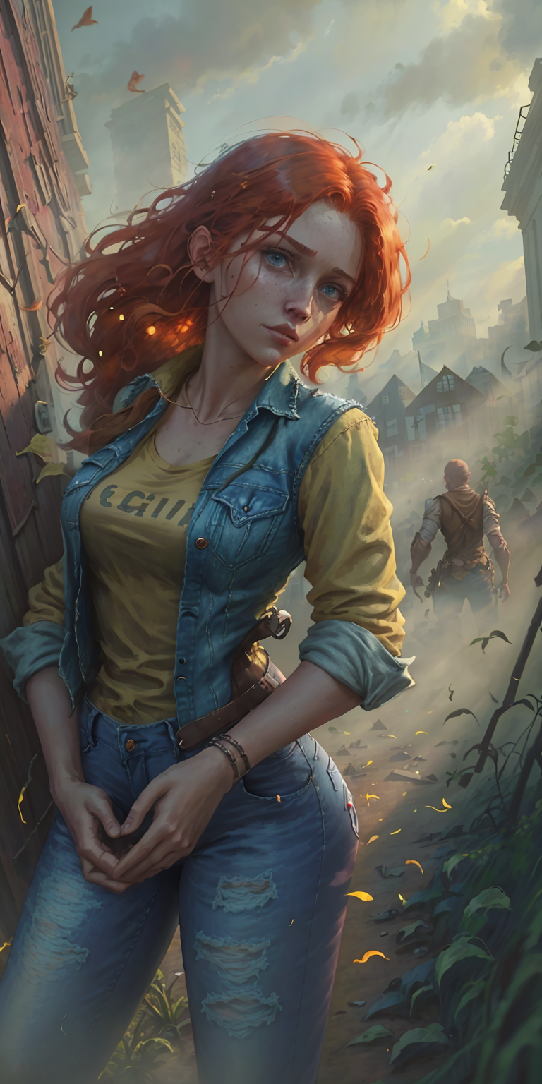 zrpgstyle post-apocalypse fallout 4 RPG character painting ginger hair upsweep updo thin woman wearing black vest (denim j...